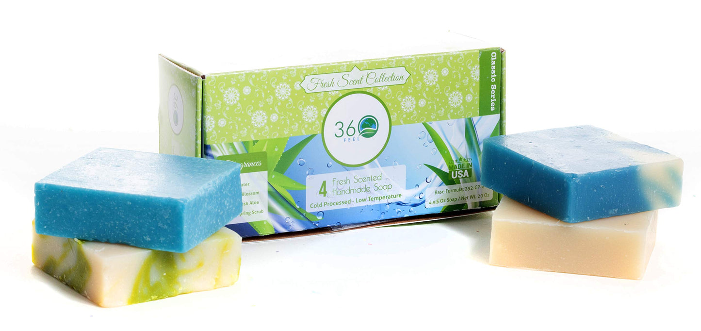 360Feel Fresh Scent Handmade Soap Collection - Aloe Vera, Cotton Blossom, Spring Scrub, Cool Water - Natural Exfoliating Bar Soap - 4 Count (Pack of 1)