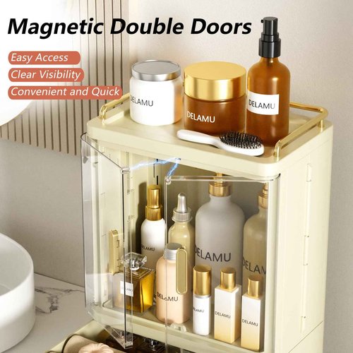 Delamu Bathroom Makeup Organizer Countertop with Drawer, 3-Tier Large Capacity Bathroom Counter Countertop, 15.2' Tall Storage for Perfume, Cosmetic, Skincare and More, Ideal Present for Her, Beige