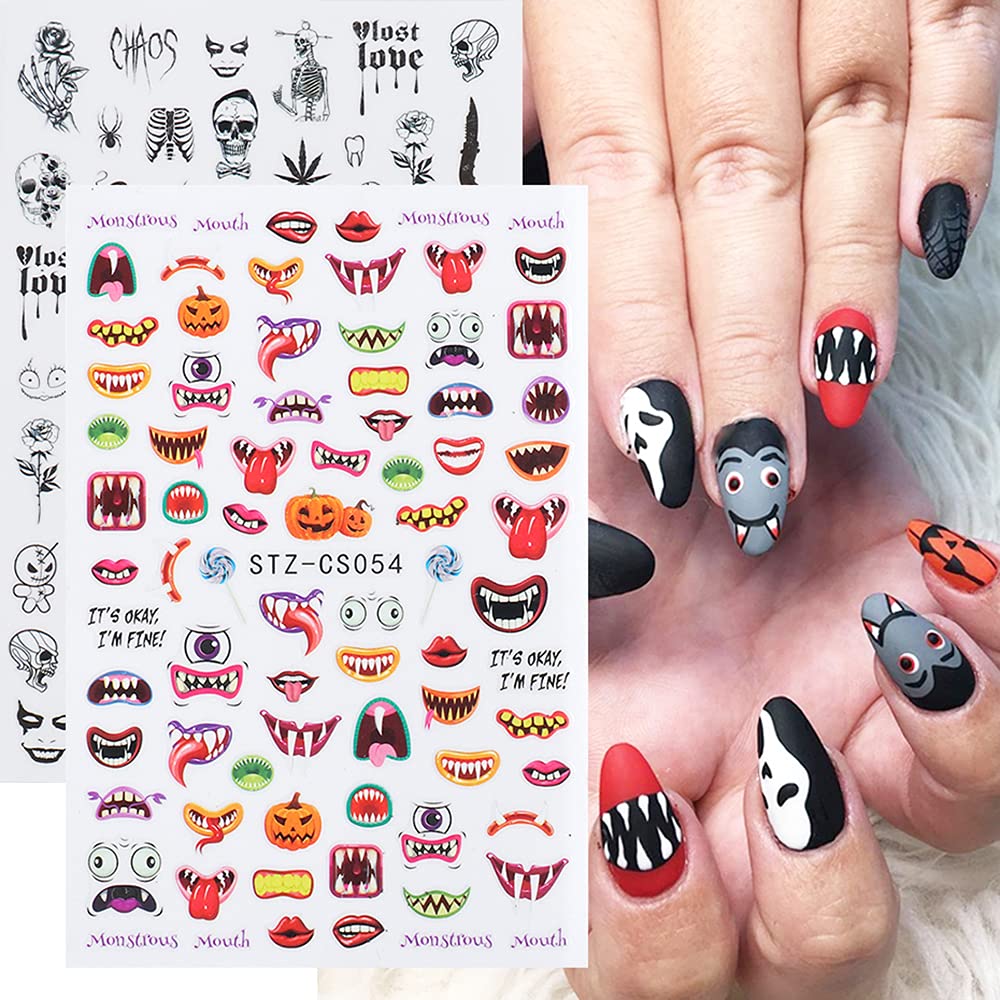 Autumn & Halloween Nail Stickers, 9 Sheets Skull Nail Decals 3D Self-Adhesive Fall Leaves Pumpkin Bat Ghost Spider Web Skeleton Pattern Nail Art Design for Thanksgiving Halloween Party