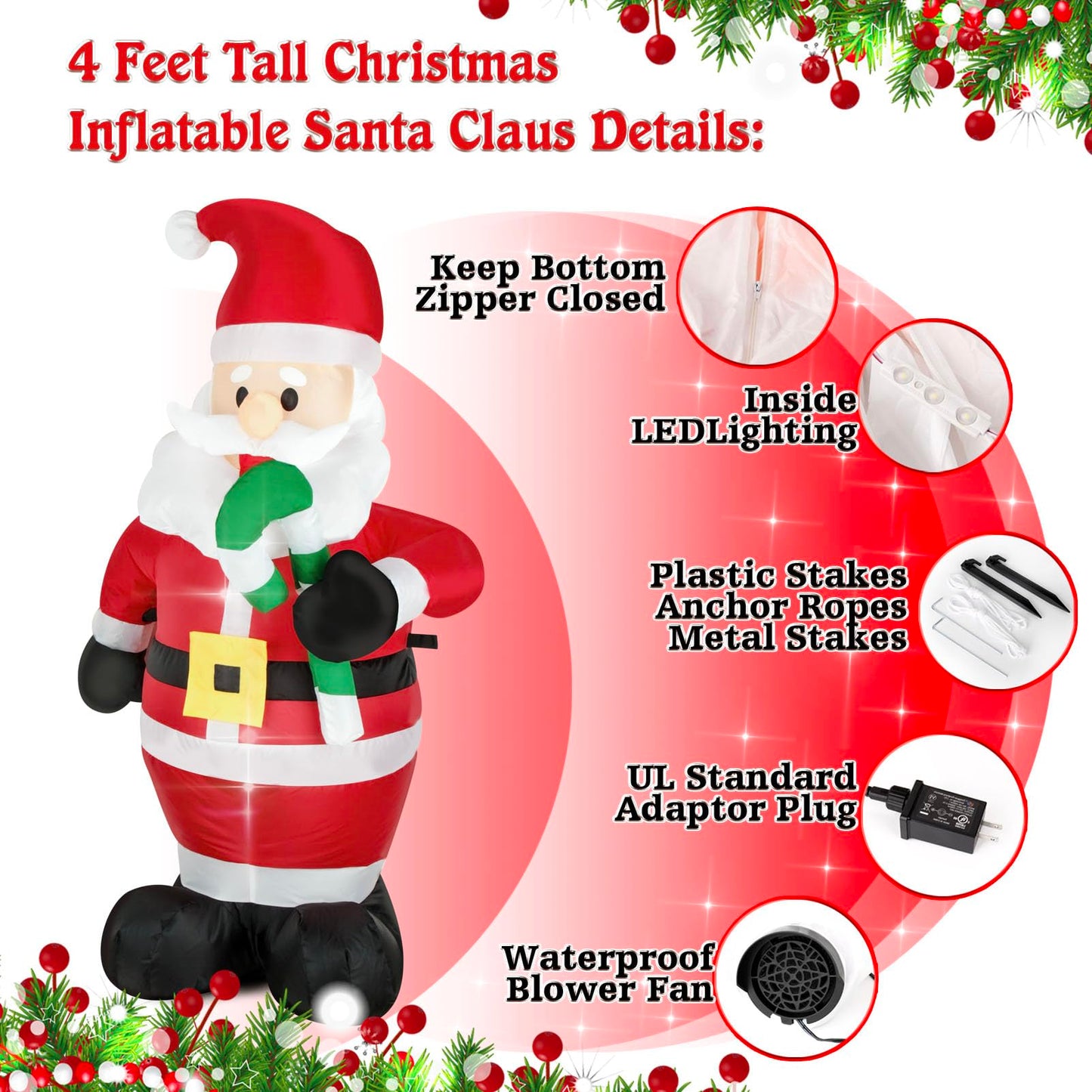 FARONZE Christmas Inflatable Santa Claus Holds Candy Cane Lighted Indoor & Outdoor Christmas Yard Lawn Blow-Up Decoration with Built-in Fan and Anchor Ropes 4 Feet Tall (Santa Holds Candy Cane)