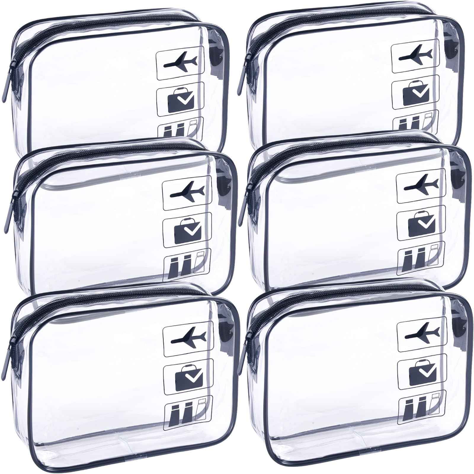 TREALDATE Clear Makeup Bags TSA Approved Toiletry Bag-6Pack，Clear TravelBags for Toiletries, Carry on Airport Airline Compliant Bag,Black
