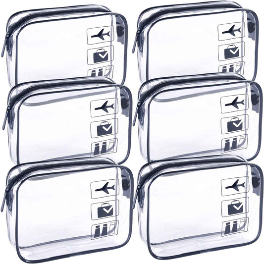TREALDATE Clear Makeup Bags TSA Approved Toiletry Bag-6Pack，Clear TravelBags for Toiletries, Carry on Airport Airline Compliant Bag,Black