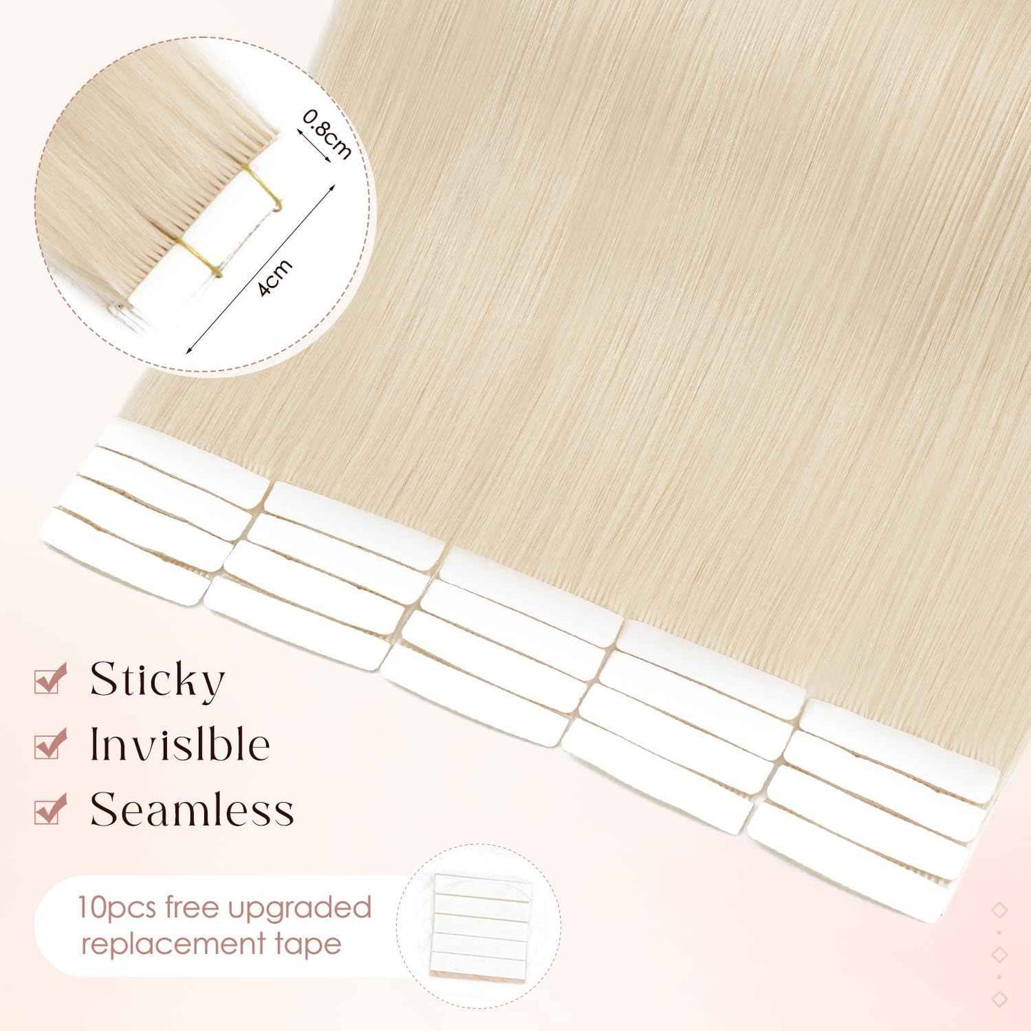 Human Hair Tape in Extensions-Double Stitched,SLEEKALON Free-cut Mini Tape ins Real Hair Extension Platinum Blonde Invisible Seamless Straight Double Side Tape Hair Extension-18 Inch,20pcs 50g,#60