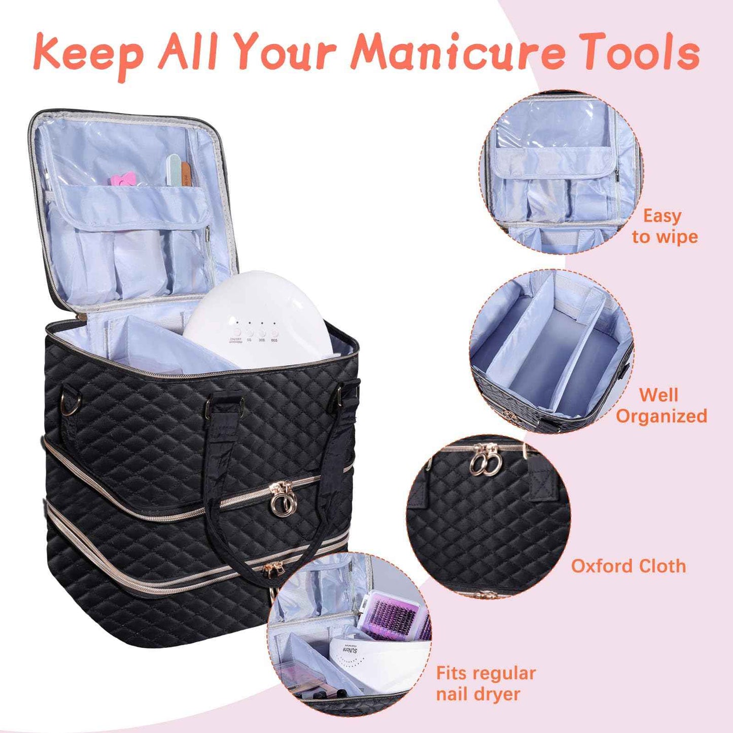 Nail Polish Organizer Case,3 Layers Nail Organizers and Storage With Detachable Holds 84 Bottles Nail Polish & Nail Lamp Large Nail Polish Organizer Bag ,for Manicure Tools, Nail Polish Kit (Black)