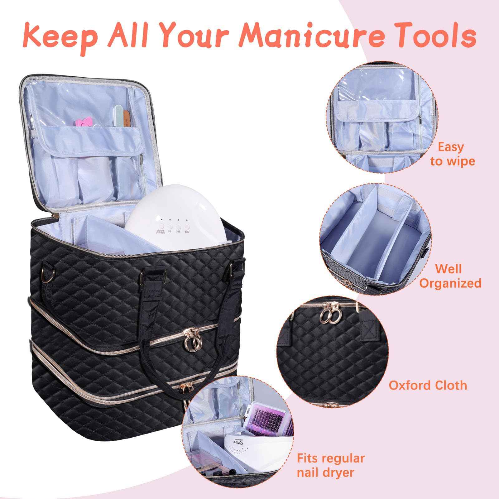 Nail Polish Organizer Case,3 Layers Nail Organizers and Storage With Detachable Holds 84 Bottles Nail Polish & Nail Lamp Large Nail Polish Organizer Bag ,for Manicure Tools, Nail Polish Kit (Black)