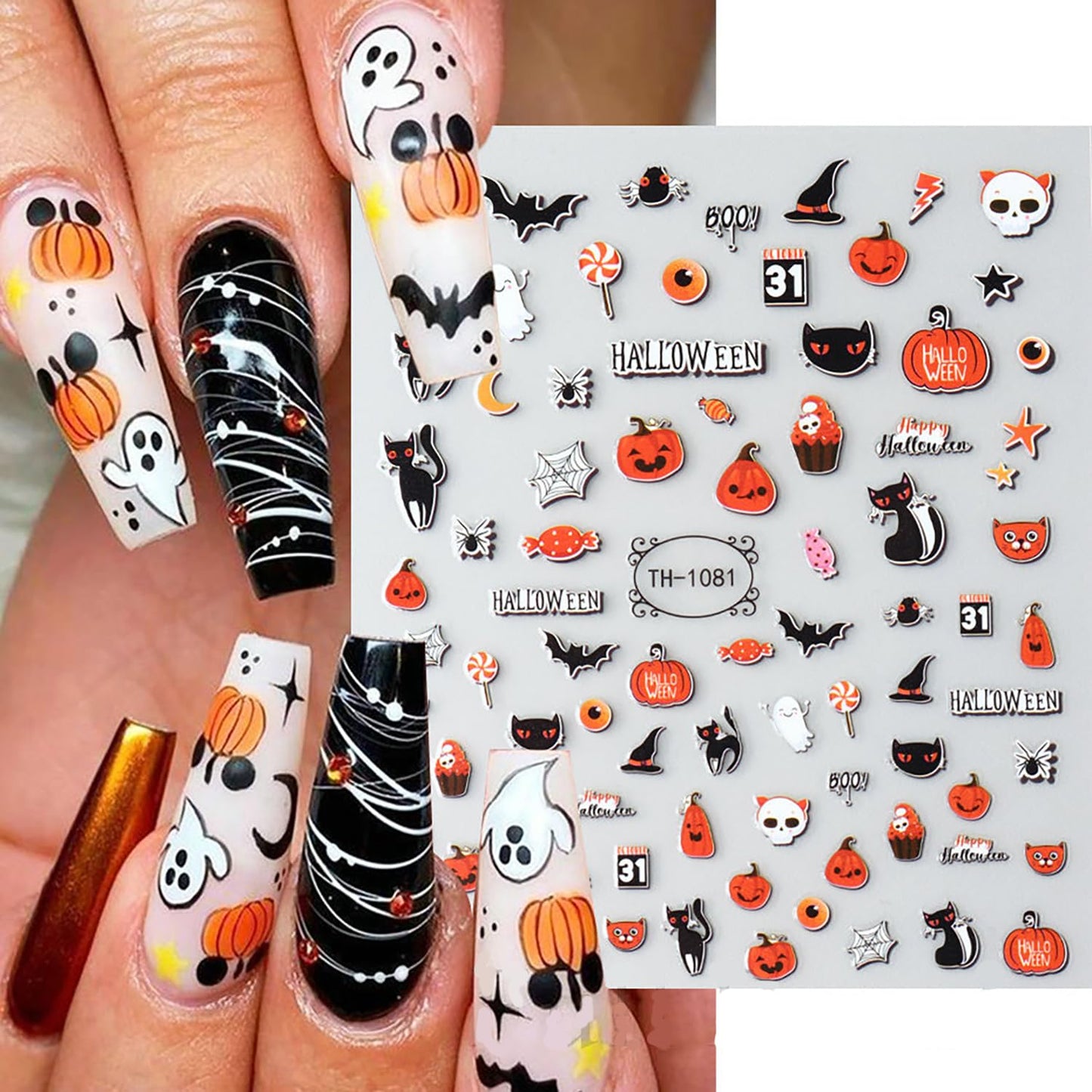 12 Sheets Halloween Nail Art Stickers Decals Cute Ghost 3D Self-Adhesive Nail Supplies Skull Cat Bat Pumpkin Bloody Glow in The Dark Designs Nail Decorations for Women Kids DIY Manicure Accessories