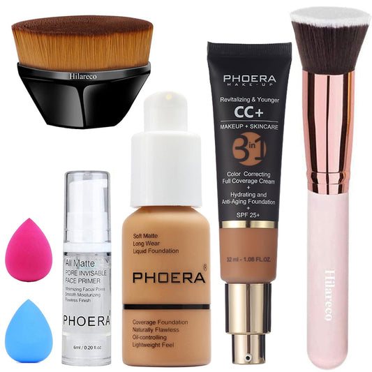 PHOERA Foundation,PHOERA CC+ Cream Color Correcting Anti Aging Hydrating Serum &SPF 25+,PHOERA Primer, PHOERA Makeup, Kabuki Makeup Brushes Foundation Brush (106 Warm Sun+180 Tan CC Cream)