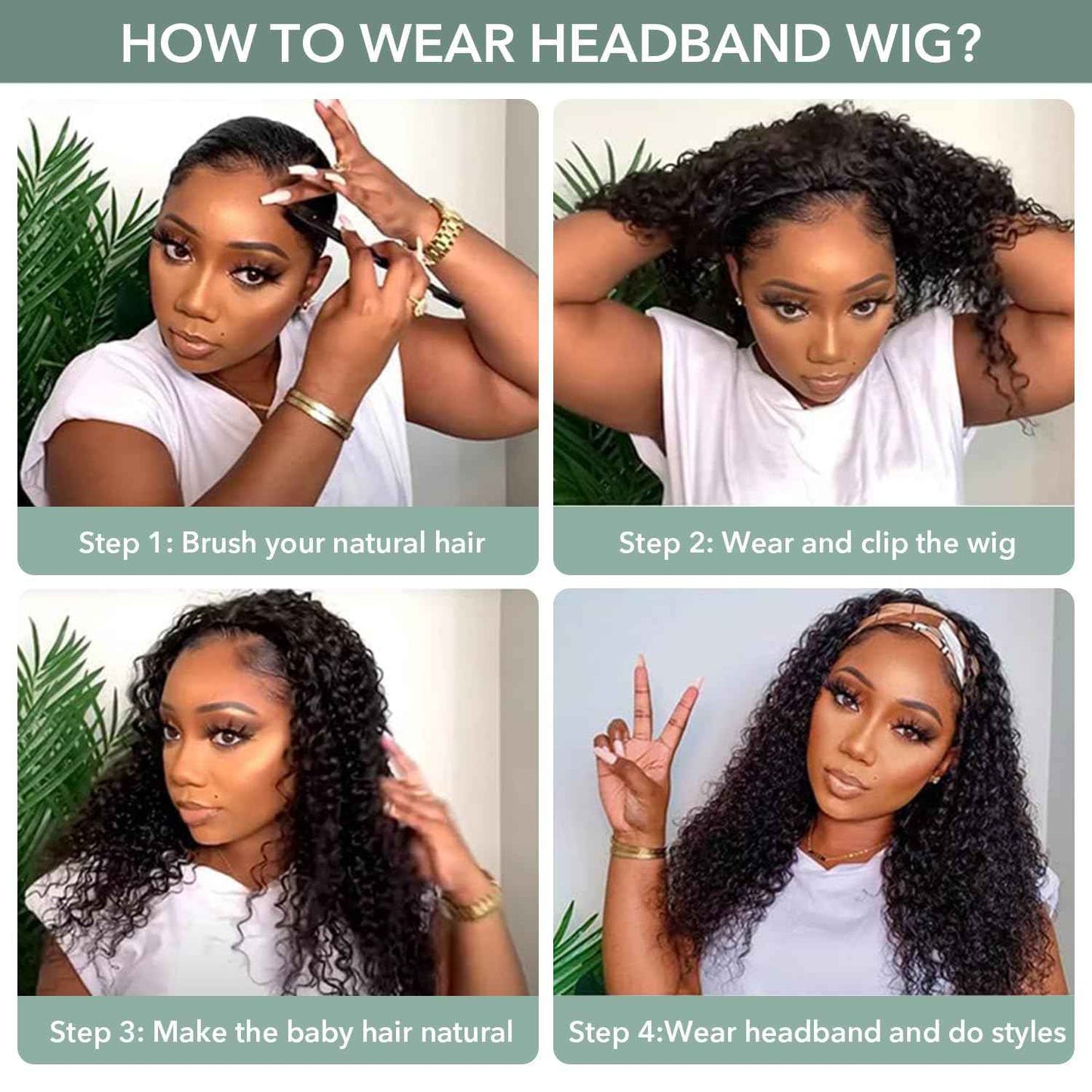 Emistar Curly Headband Wigs for Black Women Wet and Wavy Afro Headband Wig Water Wave Blend Human Hair & Synthetic Hair Ready to Go Glueless Half Wigs 180% Density (#1B, 8 Inch)