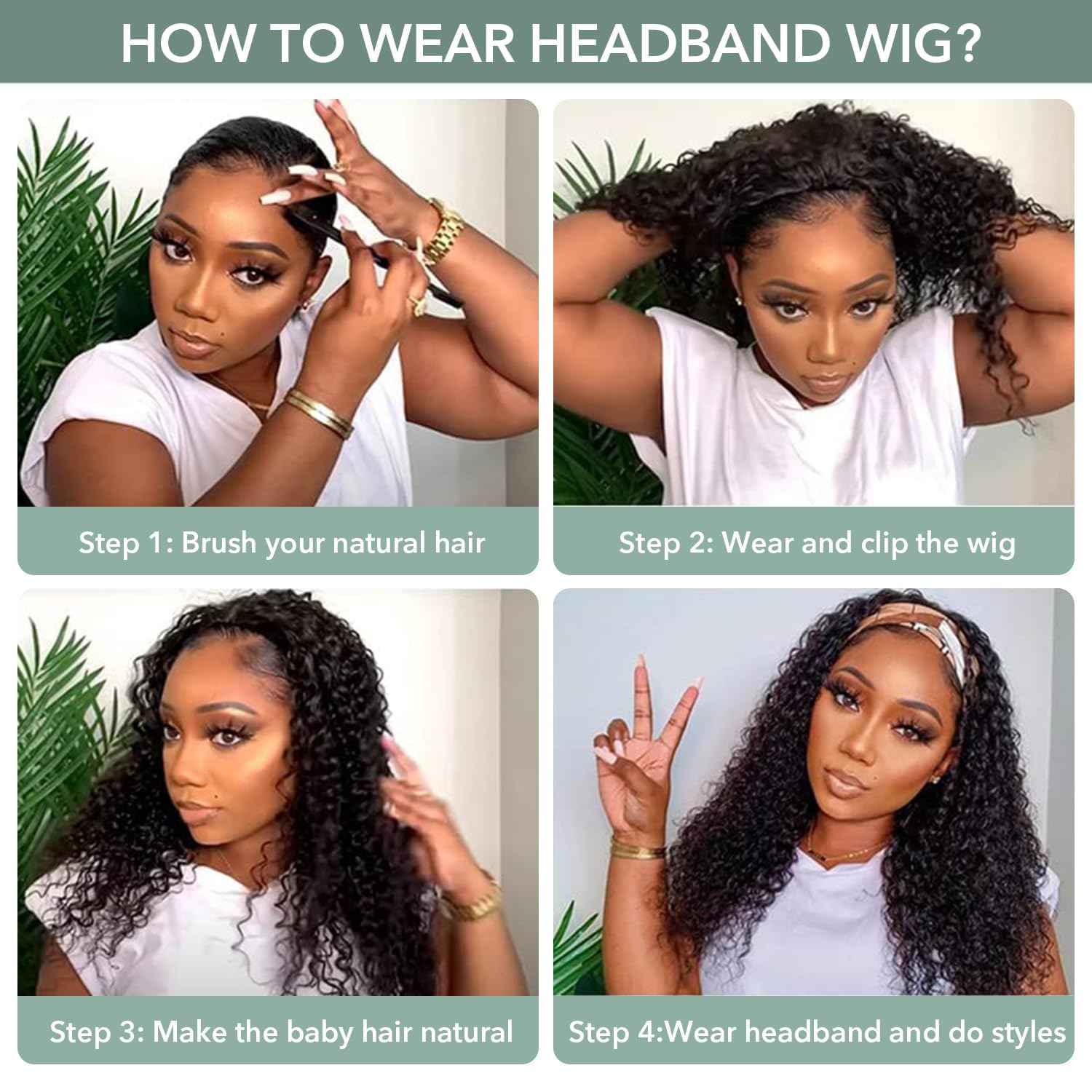 Emistar Curly Headband Wigs for Black Women Wet and Wavy Afro Headband Wig Water Wave Blend Human Hair & Synthetic Hair Ready to Go Glueless Half Wigs 180% Density (#1B, 8 Inch)