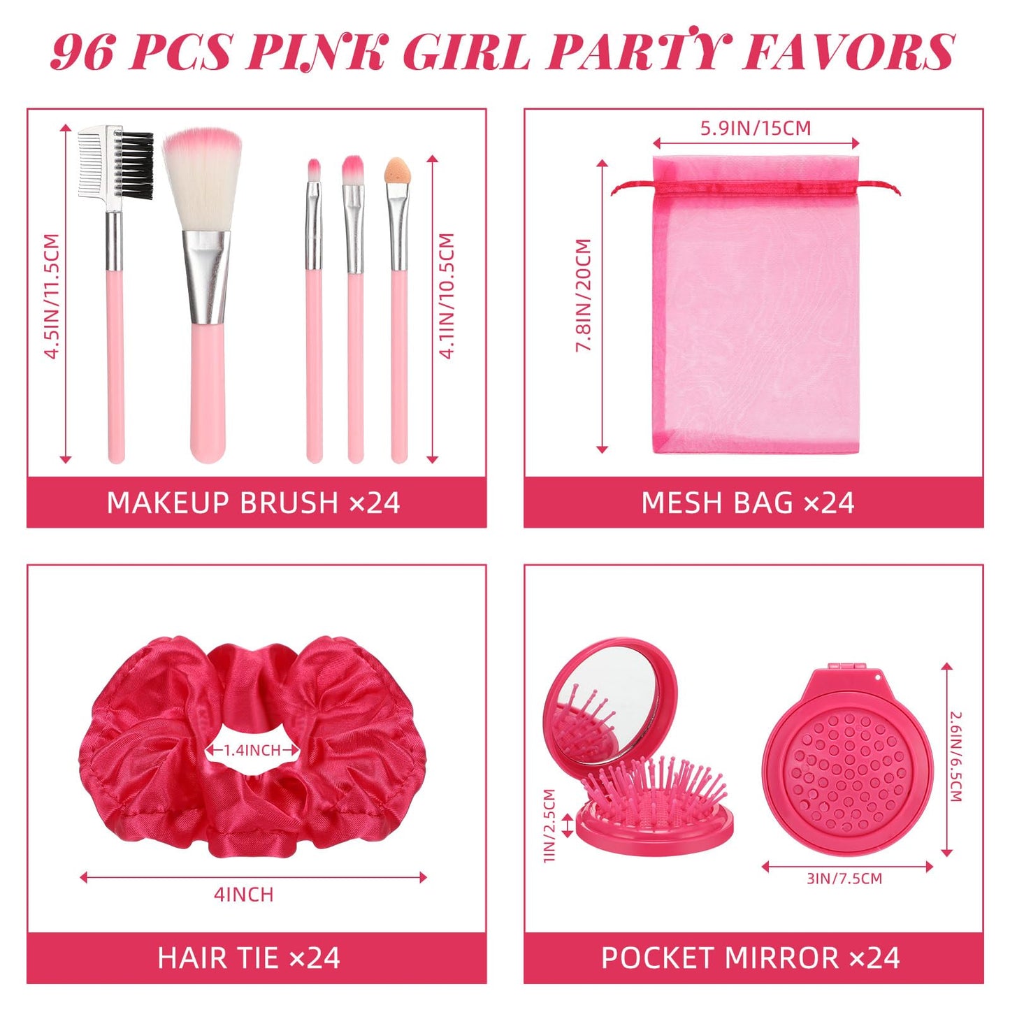 SiliFine Pink Girl Party Favors Girl Makeup Party Favor Party Supplies Set Includes Pink Gauze Bags, Pink Hair Scrunchies, Foldable Mirror Hair Brushes, Makeup Brushes Toys (96 Pcs)