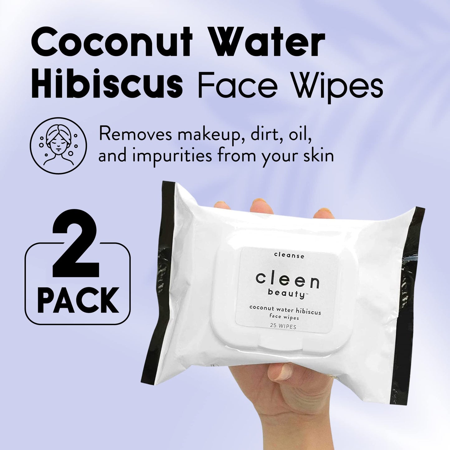 Cleen Beauty Coconut Water Hibiscus Face Wipes l Hydrating Facial Cleansing Makeup Remover l Biodegradable Face Wash Cloth l 2 Pack