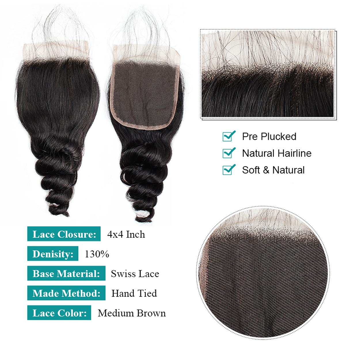 Brazilian Loose Wave 4x4 Lace Closure 100% Unprocessed Human Virgin Hair Pre Plucked Loose Deep Wave Pre-Plucked Hairline Frontal Closure Natural Black With Baby Hair (12inch, loose wave 4x4)