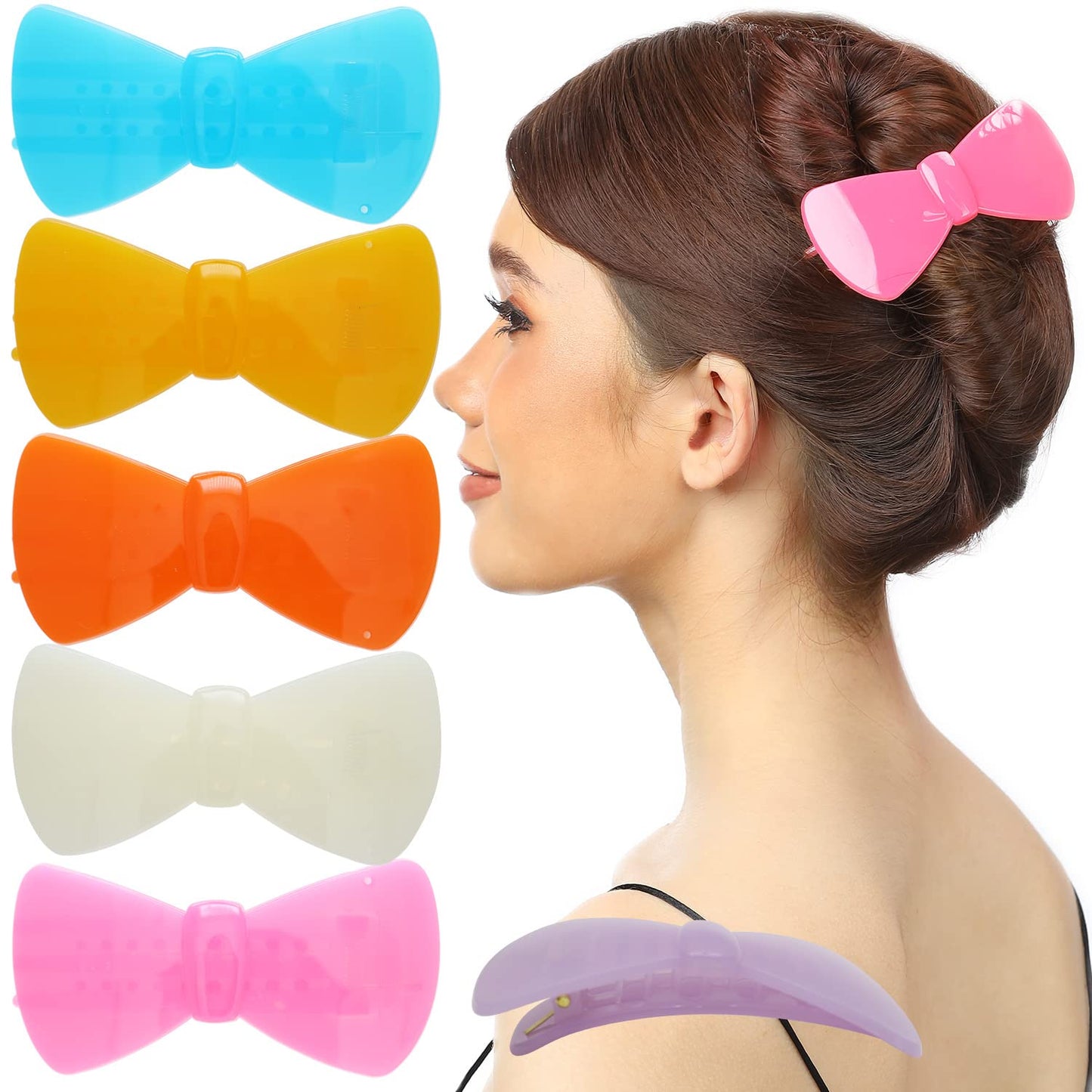 RC ROCHE ORNAMENT 6 Pcs Womens French Barrette Cute Flat Ribbon Bow Styling Strong Hold Firm Grip Teeth Side Slide Beauty Fashion Accessory Plastic Hair Clips Clamp, Medium Jelly Candy Multicolor