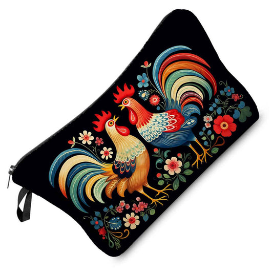 Livel lhood Floral Roosters Makeup Bag Colorful Chicken Small Organizer Bag Zipper Pouch Ethnic Style Roosters Print Cosmetic Bag Present for Women Friends