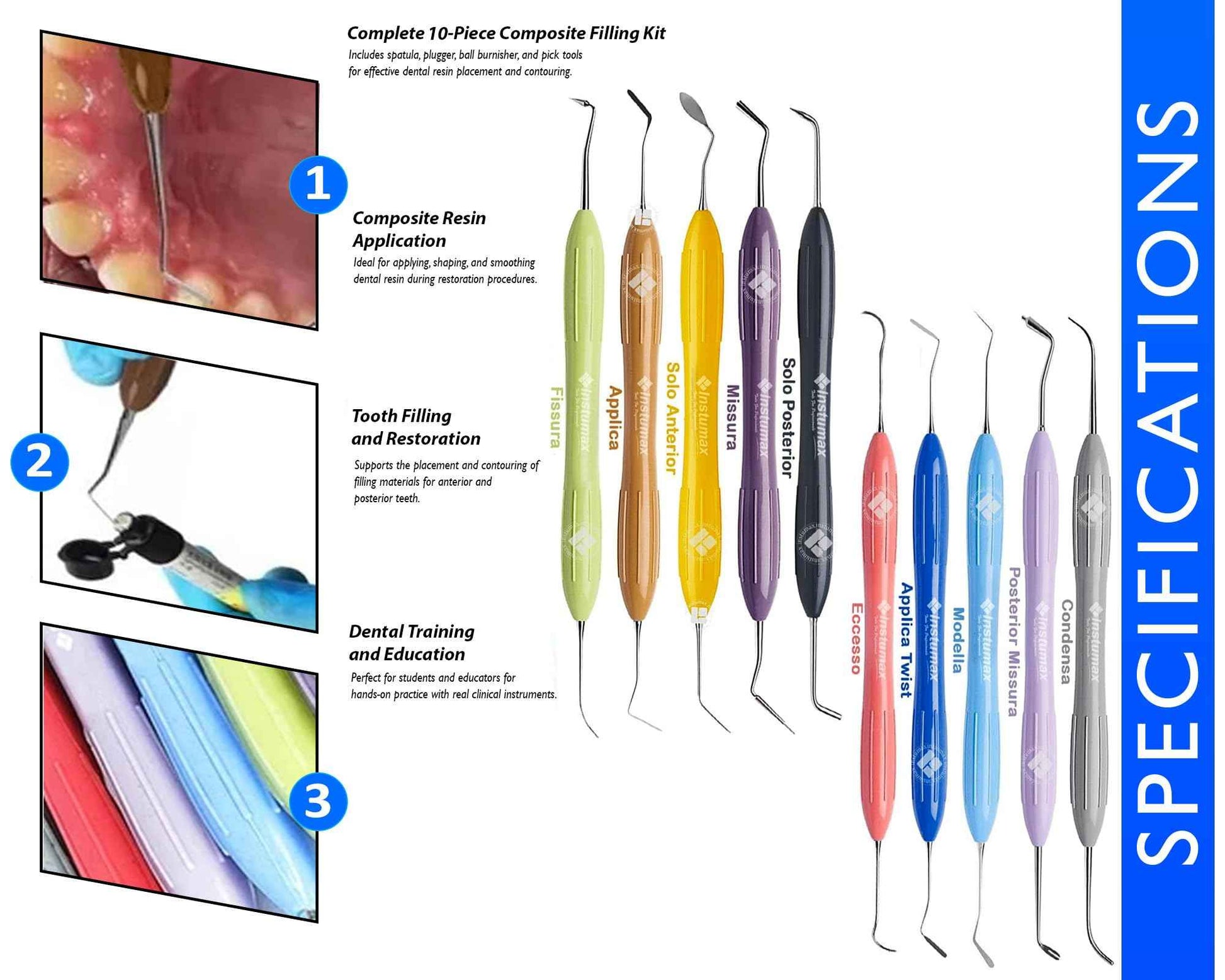 Set of 10 Dental Composite Placement Filling Instruments – Silicone Handle Restoration Plugger/Spatula – Resin Application & Tooth Restoration Kit
