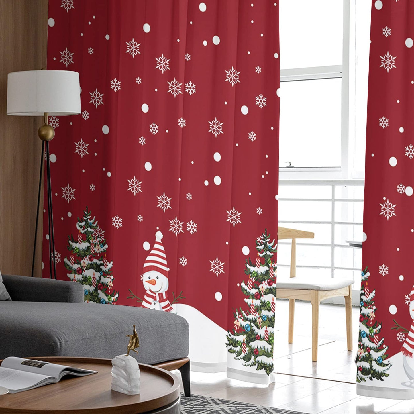 Christmas Sheer Curtains 72 Inches Length 2 Panels Set, Snowman Red Decor Bedroom Curtain Drapes, Xmas Tree Winter Snowflake Semi Curtain Sheers for Living Room/Cafe, Rod Pocket Voile Window Treatment