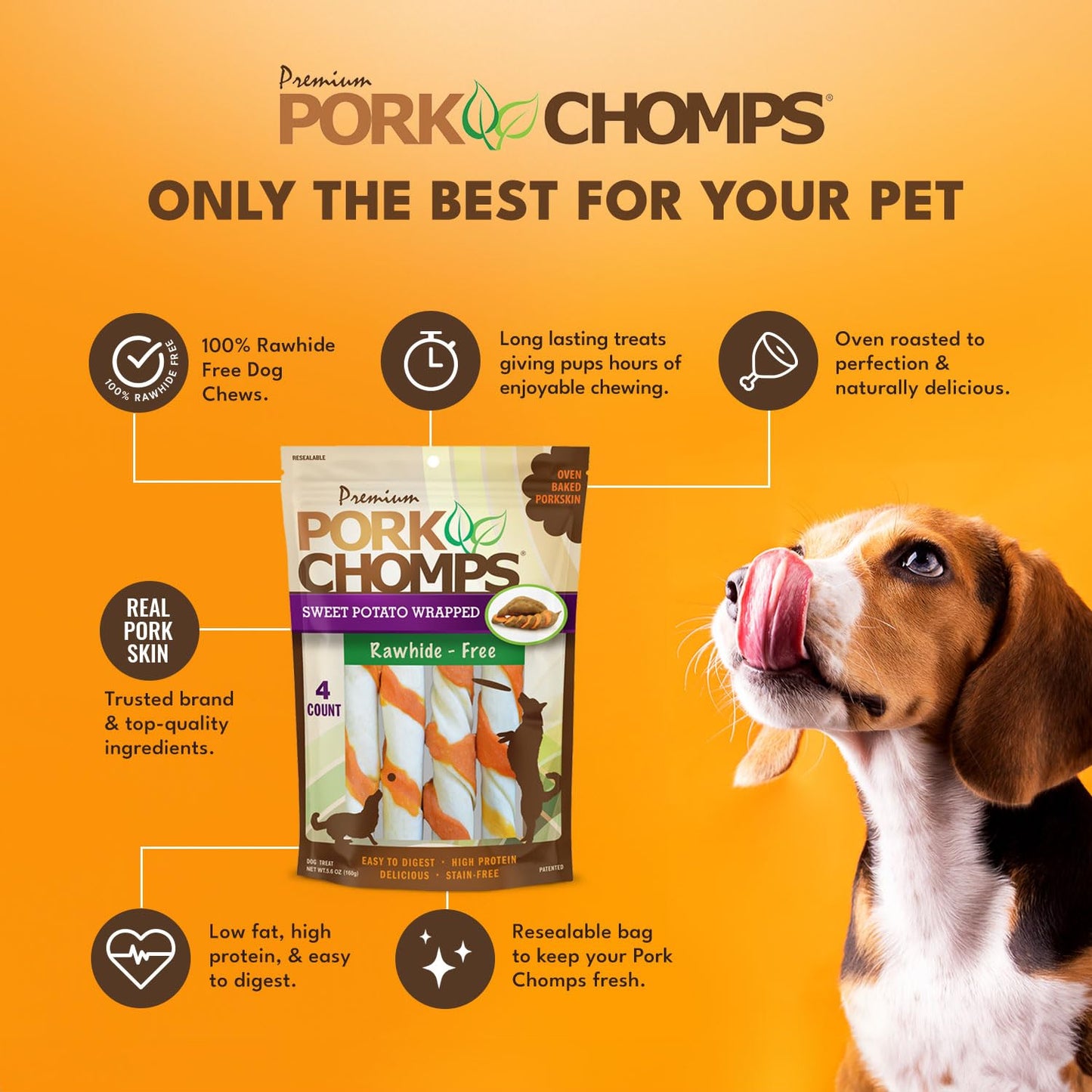 Pork Chomps Baked Pork Skin Dog Chews, 6-inch Twists, Real Sweet Potato Wrap, 4 Count