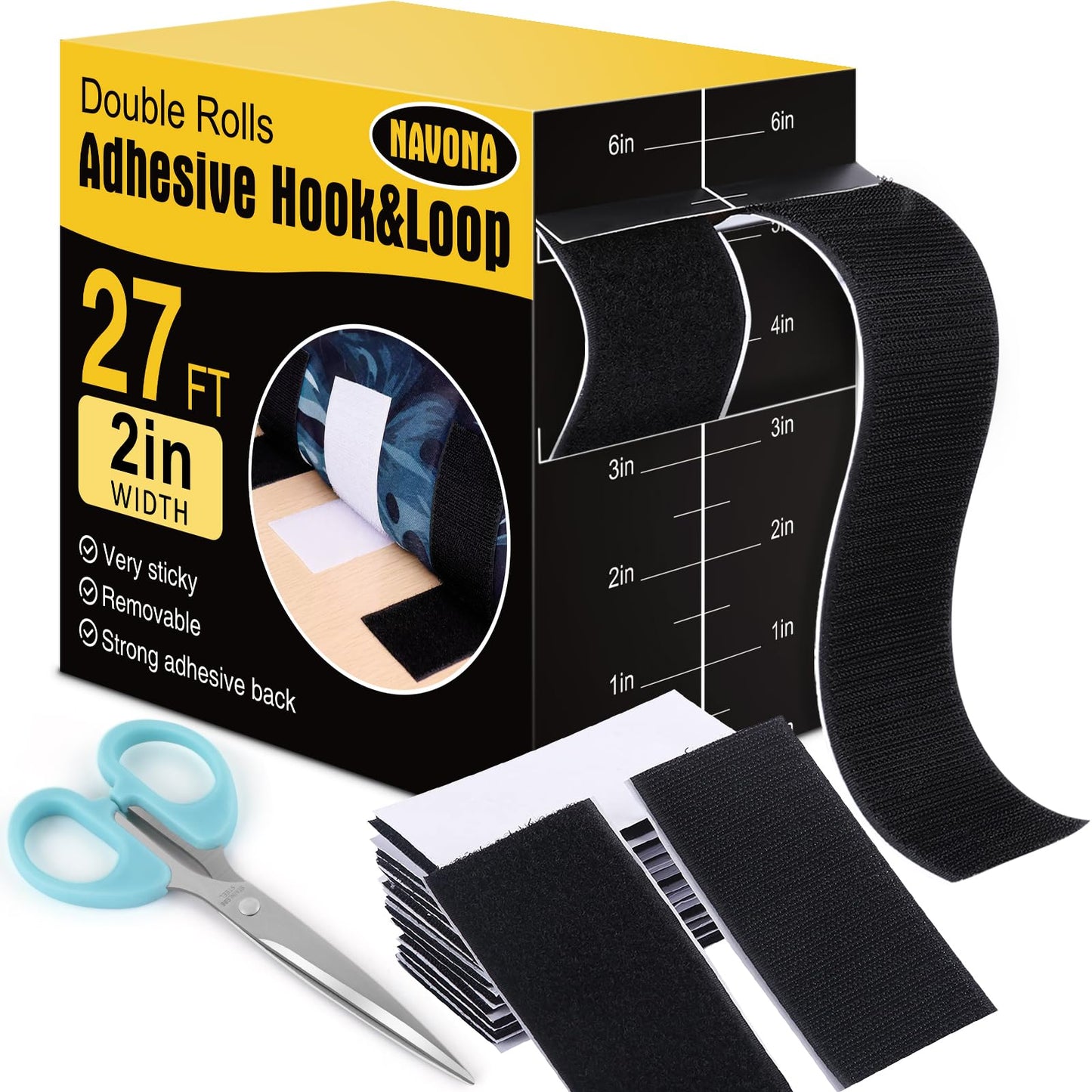 27Ft x 2 Inch Hook and Loop Strips with Adhesive,Double Rolls of Heavy Duty Self Adhesive Tape with Backing, Nylon Self Adhesive Tape for Home Office School and Crafting,Black