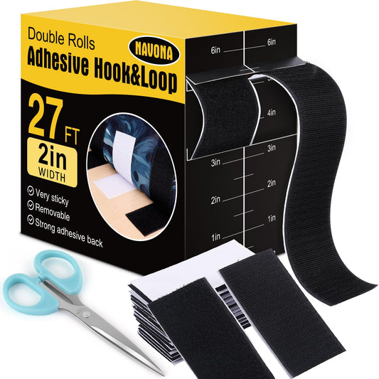 27Ft x 2 Inch Hook and Loop Strips with Adhesive,Double Rolls of Heavy Duty Self Adhesive Tape with Backing, Nylon Self Adhesive Tape for Home Office School and Crafting,Black