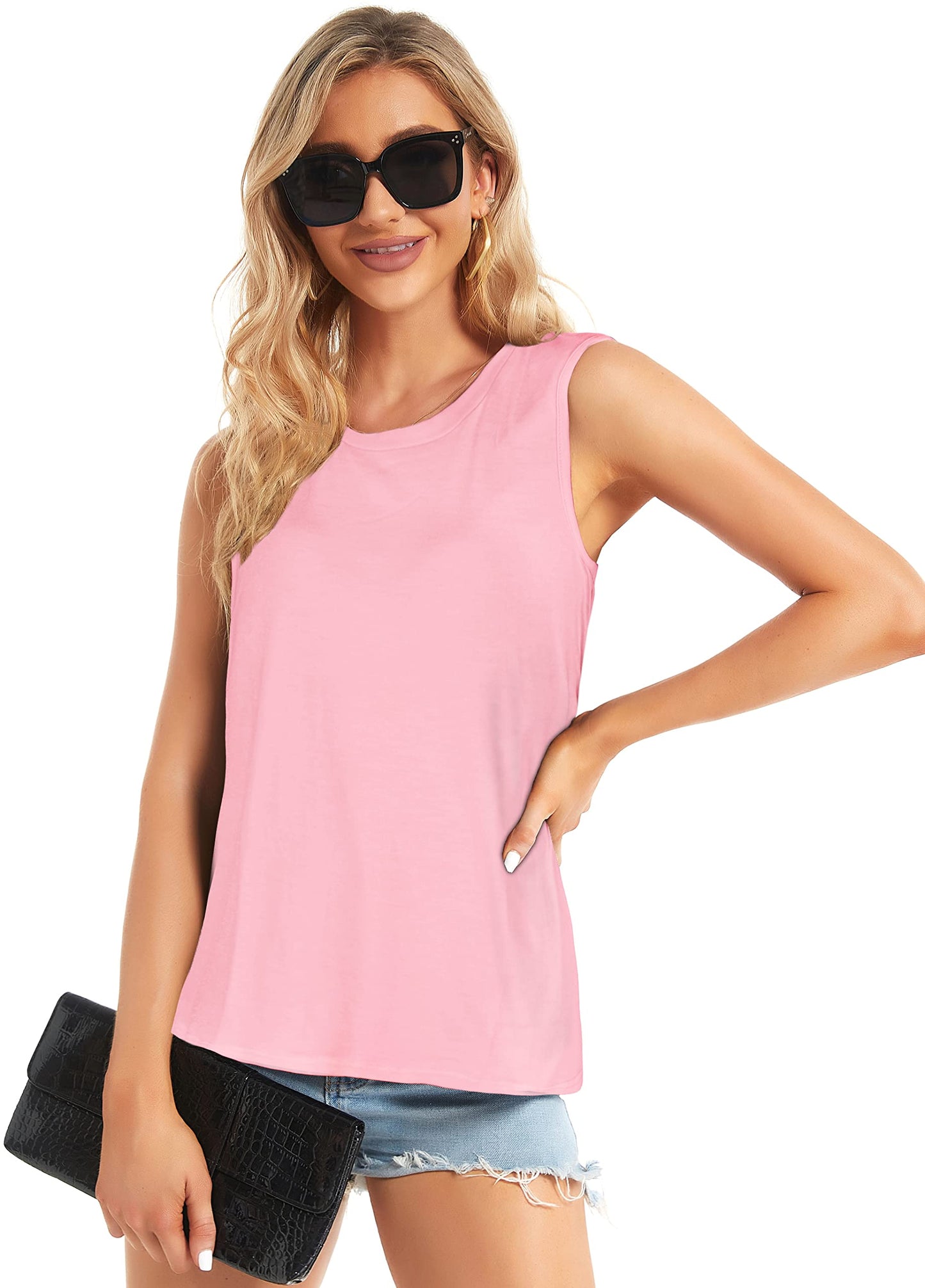 Summer Sleeveless Tops for Women Tank T Shirts Casual Loose Tunic Blouses(Solid Pink, S)