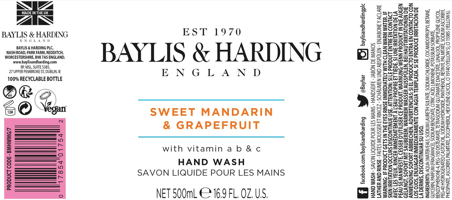 Baylis & Harding Liquid Hand Soap Wash with Dispenser, Sweet Mandarin & Grapefruit, 16.9oz/500ml (3-Pack)