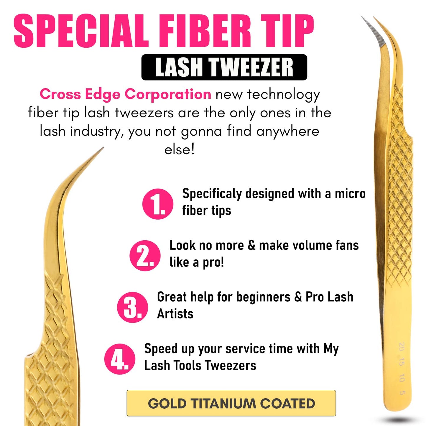 My Lash Tools - New Fiber Tip Lash Tweezers for Eyelash Extensions Tweezers SET OF 2 Mini Isolation & Microgrip Tip Curved Volume Tweezers Japanese Steel Lashing Tweezer (Gold)