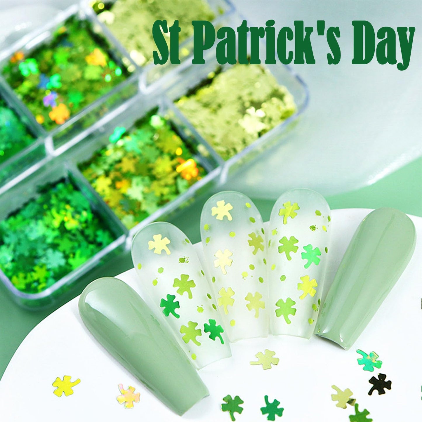 2 Boxes St. Patrick's Day Nail Art Glitters Sequins, Holographic Shamrock Nail Glitters Sequins Stars Heart Shape Designs for St. Patrick's Day Manicure Accessories(Green)