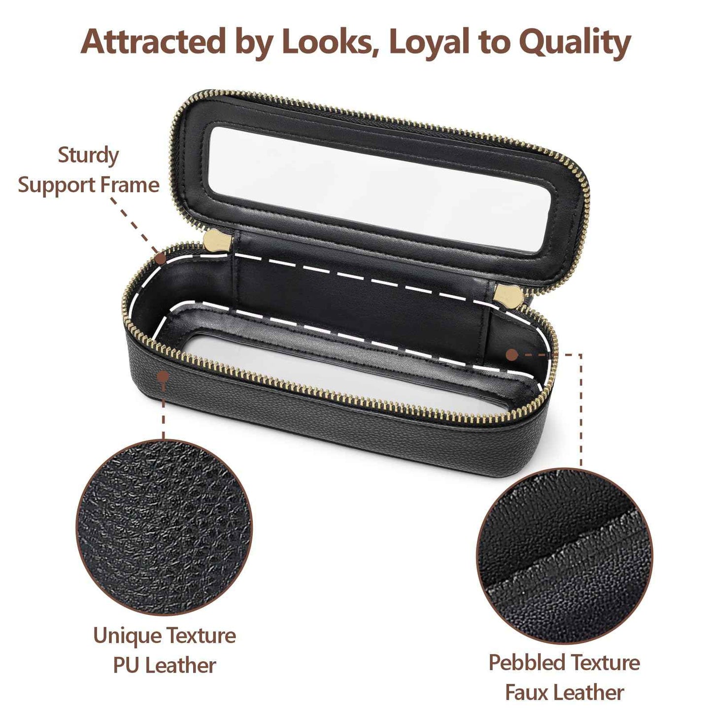 PACKISM Slim Clear Makeup Brush Bag, Pebbled Texture & Hard PU Leather Small Cosmetic Brush Holder, Mini Toiletry Bag Make up Bags with Message Card, Cute Travel Essentials Bag (Black)