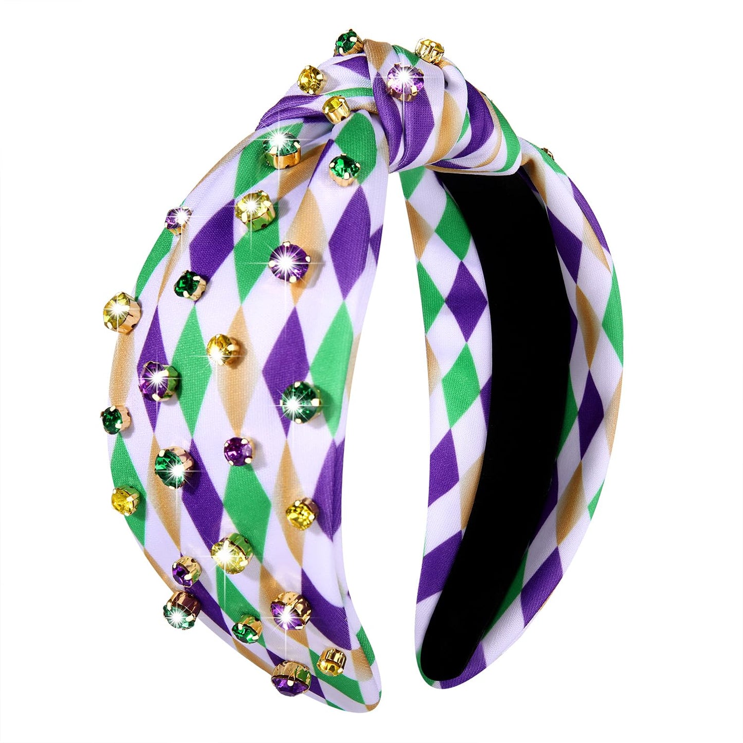 GLBCC Mardi Gras Headband for Women Mardi Gras Masks Knotted Headband Accessories Purple Rhinestone Beads Jeweled Wide Hairband Carnival Parade Outfit Decorations (mardi gras knot hairband A)