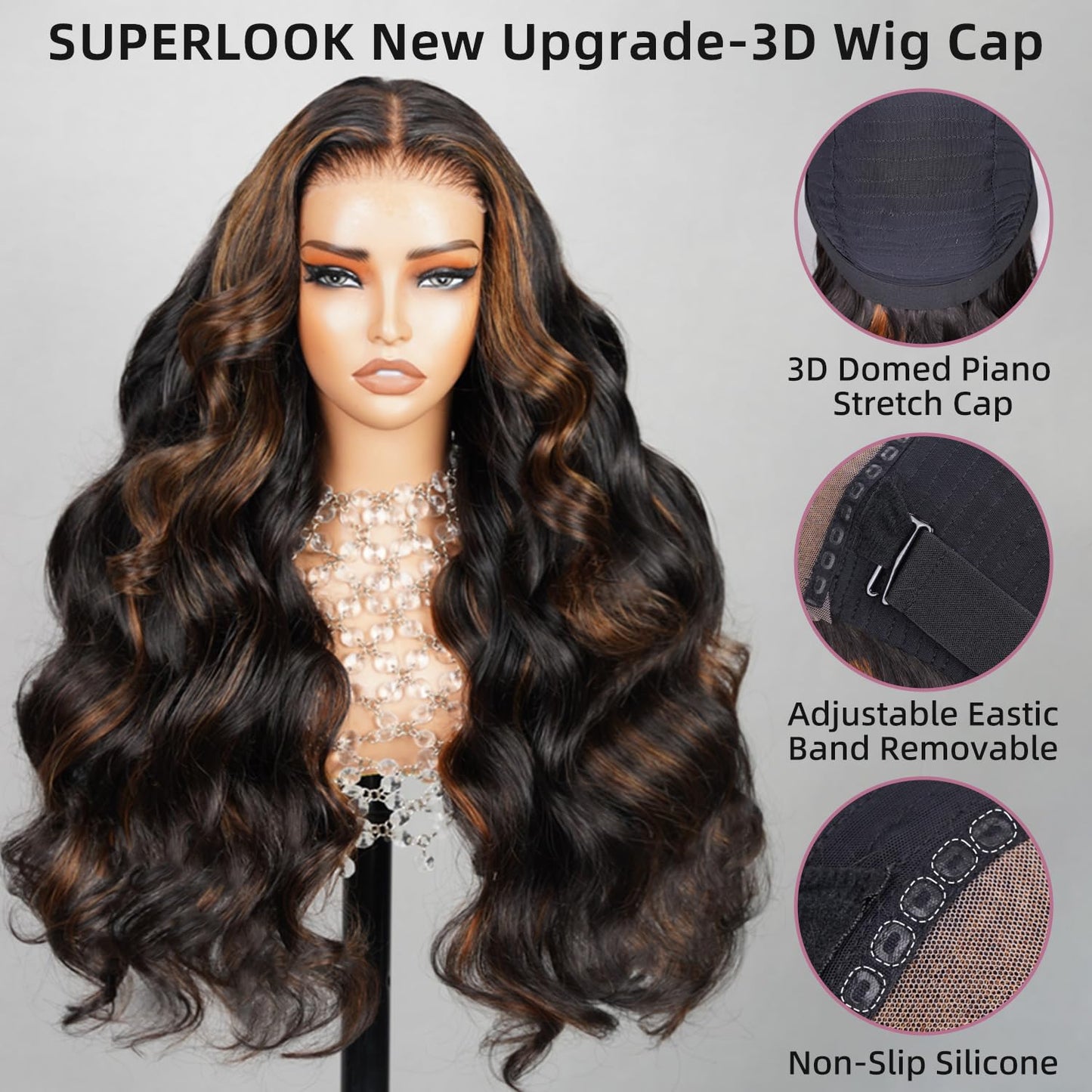 SUPERLOOK Wear and Go Glueless Wig Pre Plucked 12A 220% Density Highlight Lace Front Wig Human Hair 6x5 Pre Cut Ombre Lace Front Wigs Human Hair Bleached Tiny Knots（24Inch,1BP30 Body Wave Wigs）