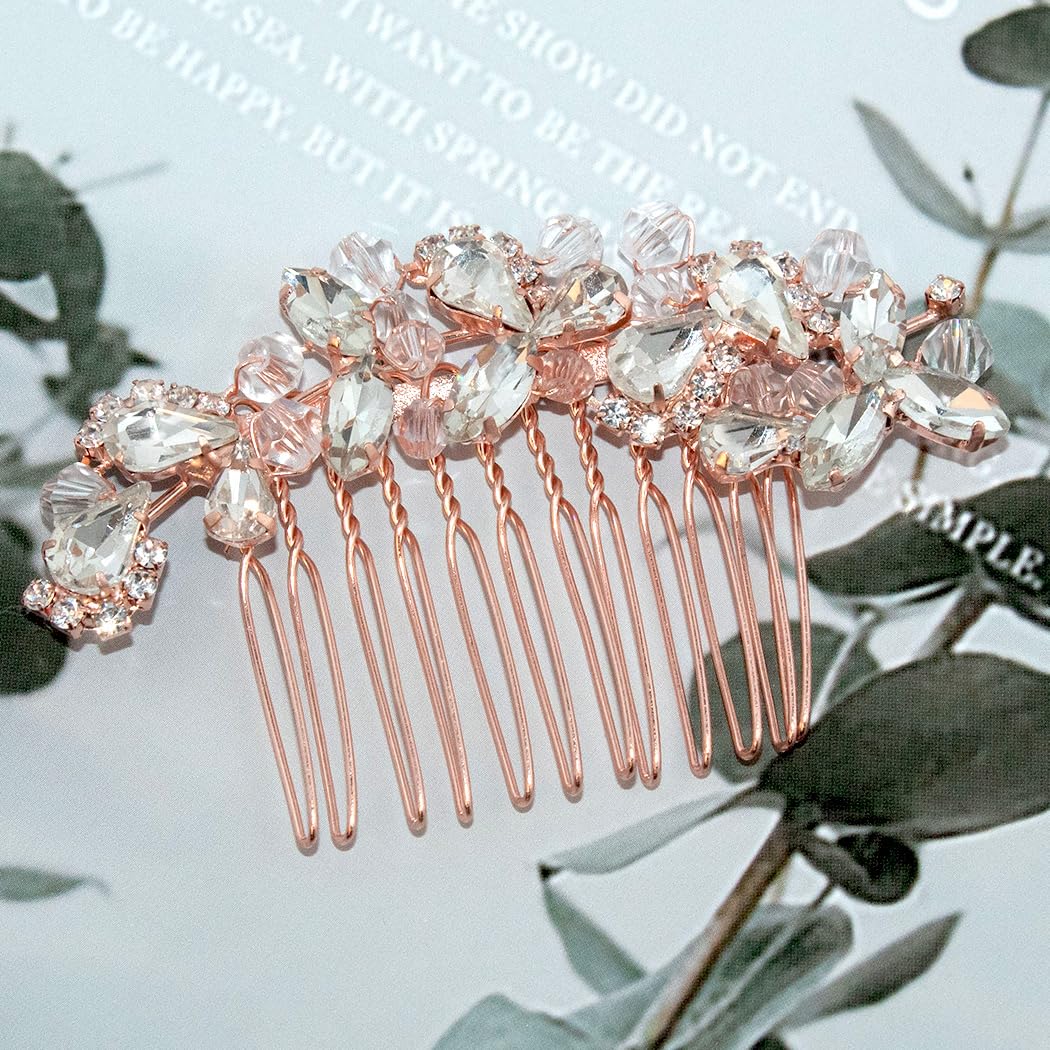 Crystal Wedding Hair Comb Silver Bridal Headpiece Bride Sparkly Rhinestone Hair Side Comb Bridesmaid Pearl Hairpieces Side Combs Hair Accessories for Women (Rose Gold)