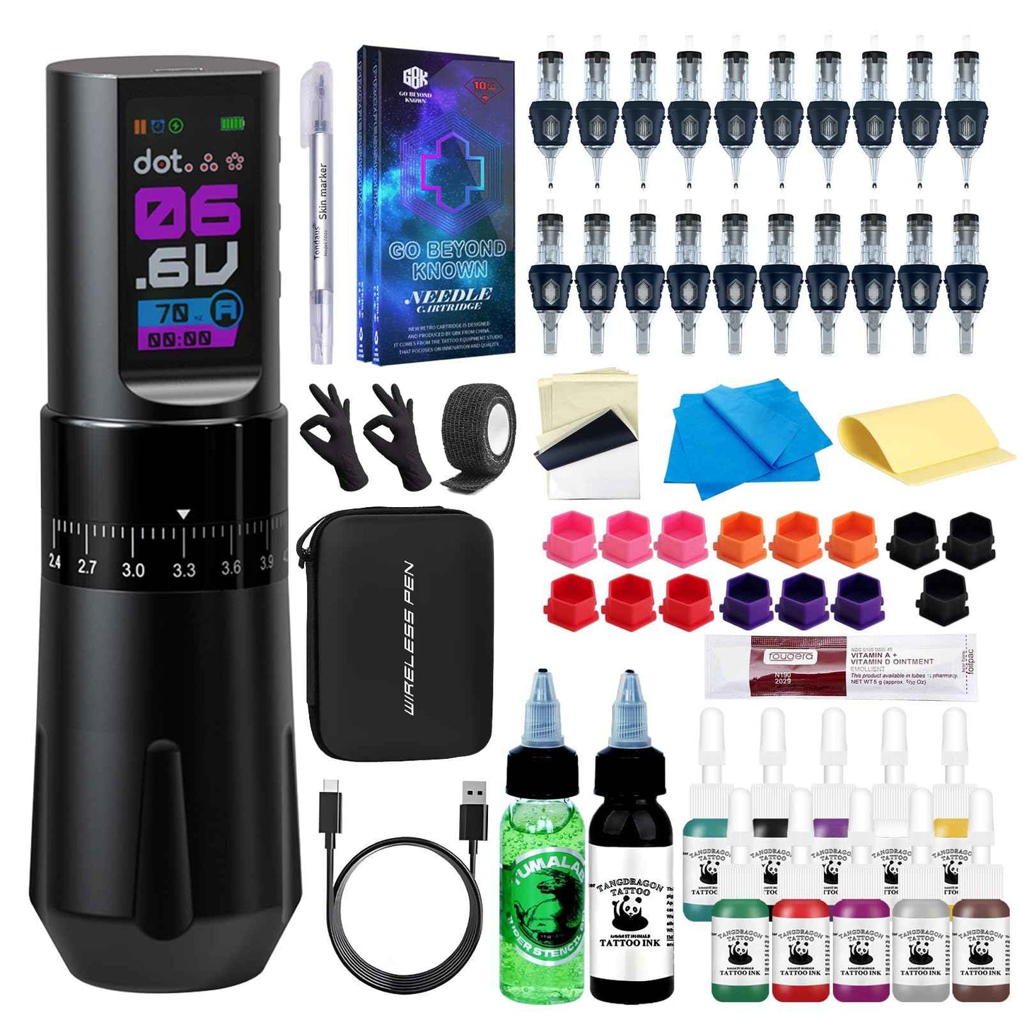 Complete Wireless Tattoo Gun Kit for Beginners | Rotary Tattoo Pen with 7 Adjustable Strokes | Rechargeable Cordless Battery | 20Pcs Tattoo Cartridge Needles Set