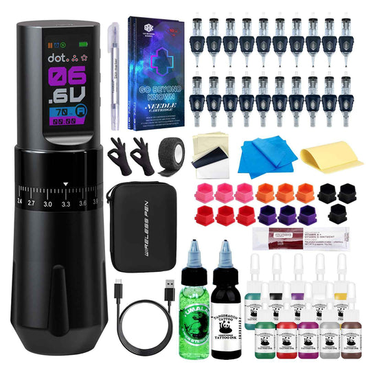 Complete Wireless Tattoo Gun Kit for Beginners | Rotary Tattoo Pen with 7 Adjustable Strokes | Rechargeable Cordless Battery | 20Pcs Tattoo Cartridge Needles Set