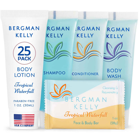 BERGMAN KELLY - Hotel Toiletries Bundle - Tropical Waterfall, 1 oz ea, 125 Pieces - 5-Piece Set: 25 ea Rectangular Bar Soap, Shampoo, Conditioner, Body Lotion & Body Wash - Bulk Mini Guest Amenities
