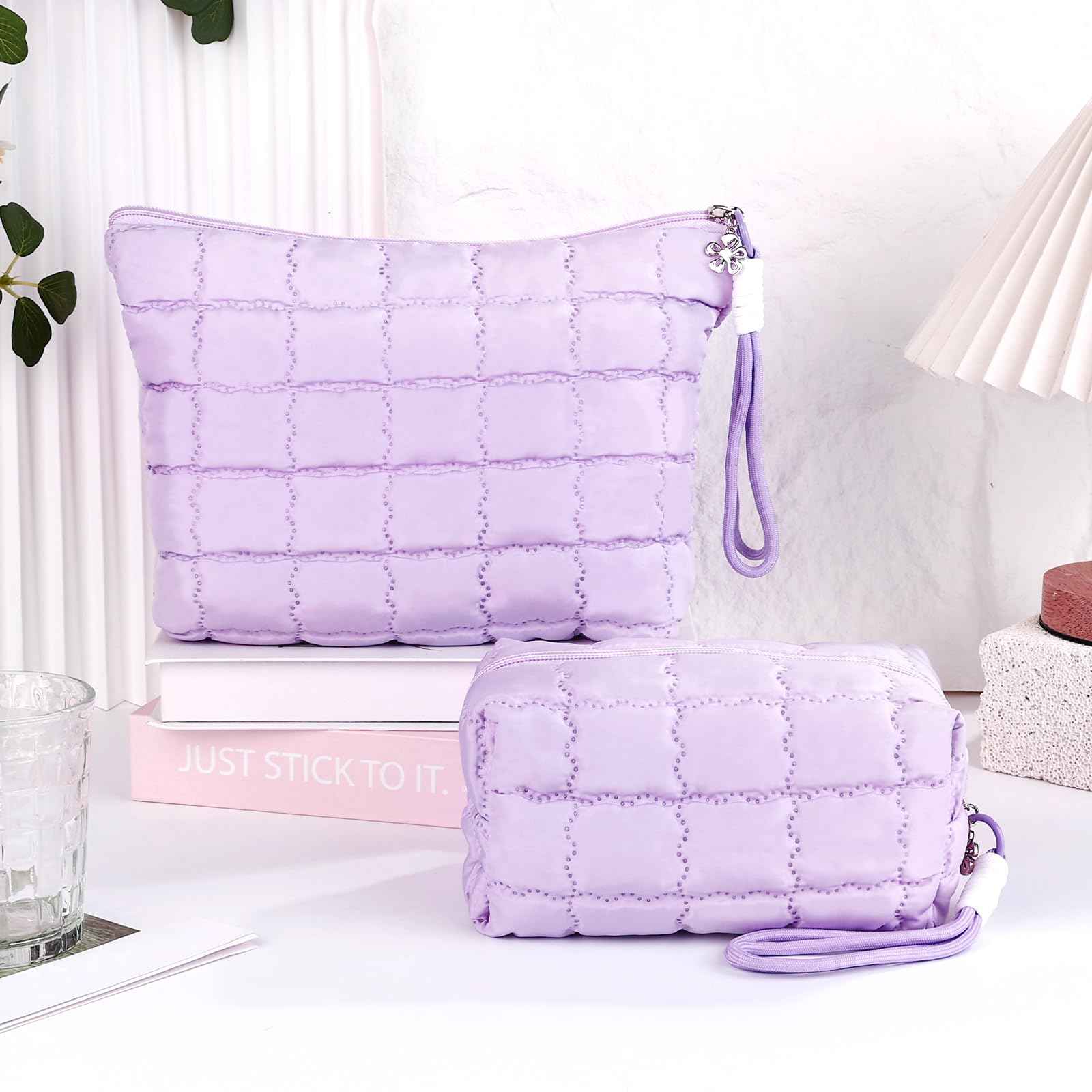 Richeart Makeup Bag Travel Toiletry Bag - Checkered Down Cotton Makeup Pouch for Women with Cosmetic and Pencil, Aesthetic Purple Design, Small