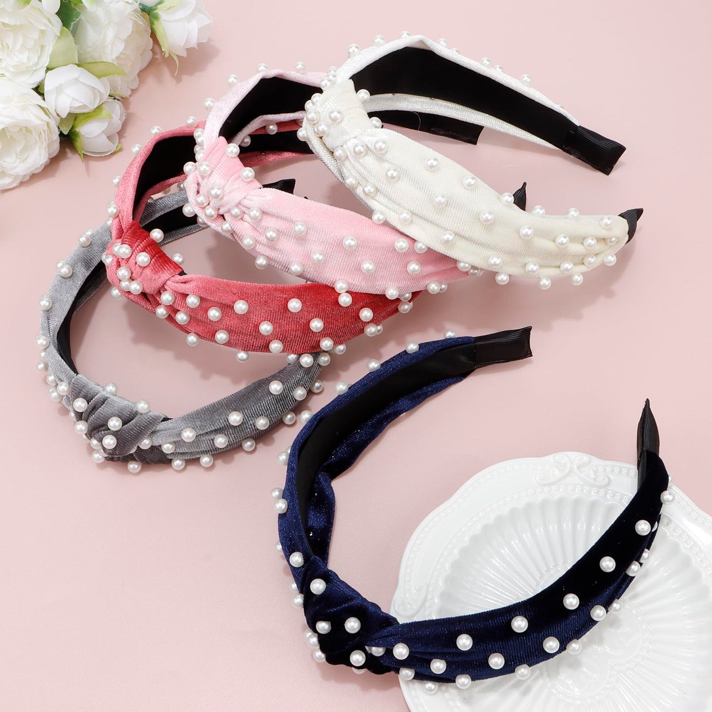 VELSCRUN Pearl Headband - 5 Pcs Set Velvet Fabric in Black, White, Pink, Red, Knotted Headbands with Beaded Non Slip Wide Top Knot, Hair Bands for Women, Hair Accessories for Women, Girls Gifts