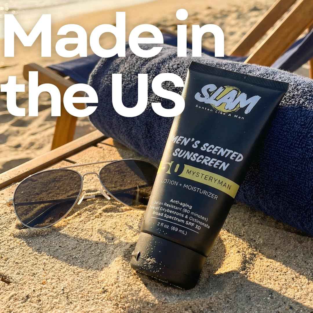 SLAM MysteryMan Men's Sunscreen Lotion SPF 50 & Moisturizer – Face & Body Sunblock, Anti-Aging, Water-Resistant, Hawaii Act 104 Safe, Daily Sport Skincare for Men, Scented – 3 fl oz. Double pack.