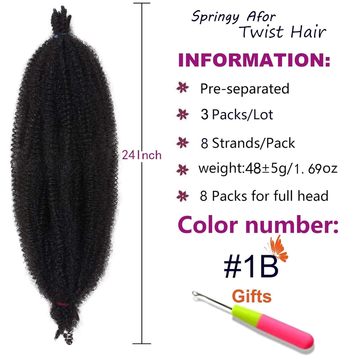 ZRQ 3 Packs Springy Afro Twist Hair For Distressed Soft Locs 24 Inch Black Marley Crochet Braiding Hair Synthetic Pre-Separated Spring Twist Hair Extension For Women 8 Strands/Pack (1B#)