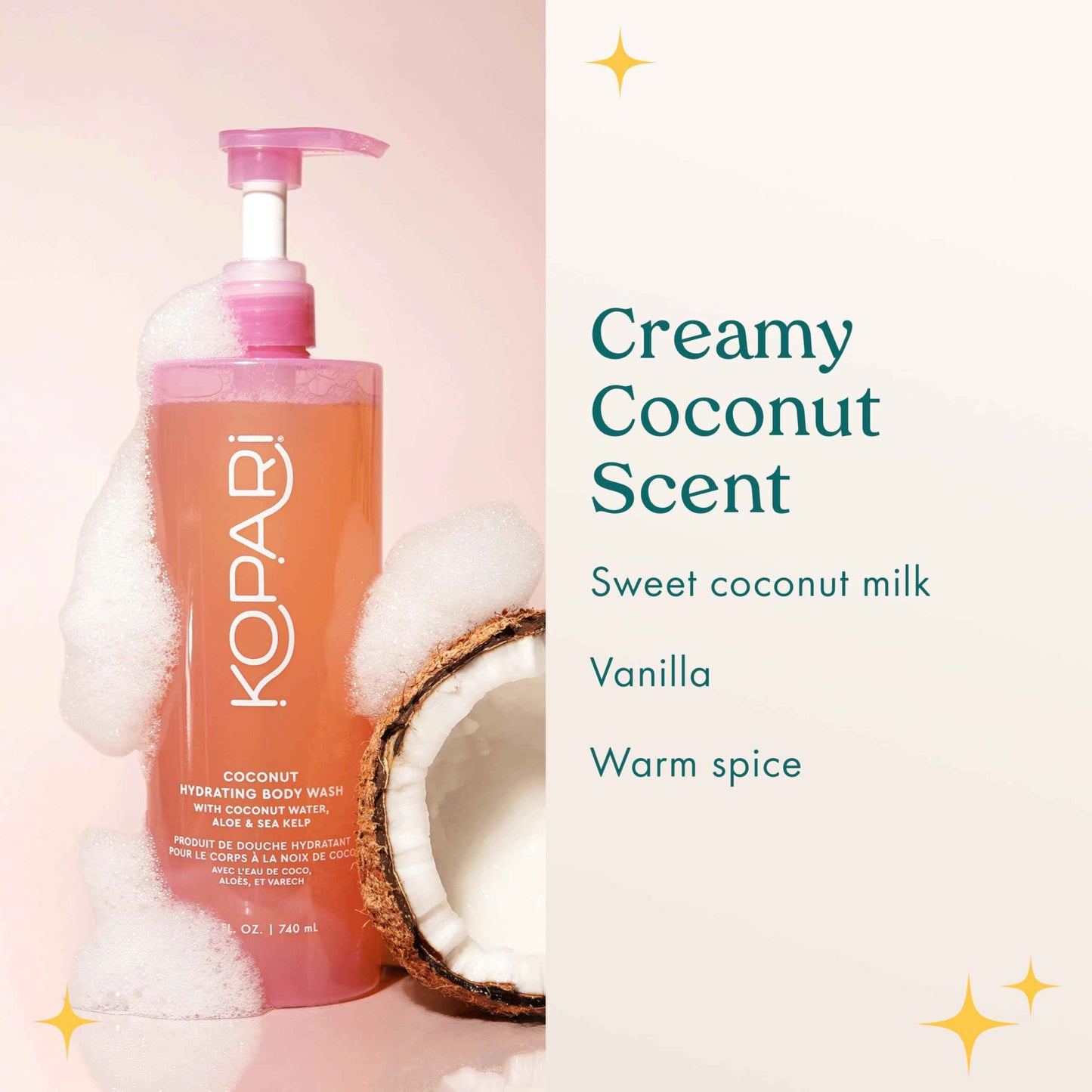 Kopari Jumbo Coconut Hydrating Body Wash with Organic Coconut Water, Sea Kelp and Aloe Vera, Luxurious Gel to Foam, Sweet Coconut & Vanilla, 25 oz