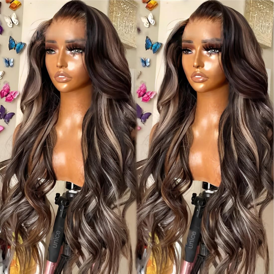 UNICE Bye Bye Knots Glueless Wig Body Wave 7x5 Pre Cut Lace Front Wigs Human Hair Bleached Knots Balayage Black Blonde Highlights Put on and Go Human Hair Wig Pre Plucked 150% Density 20 inch