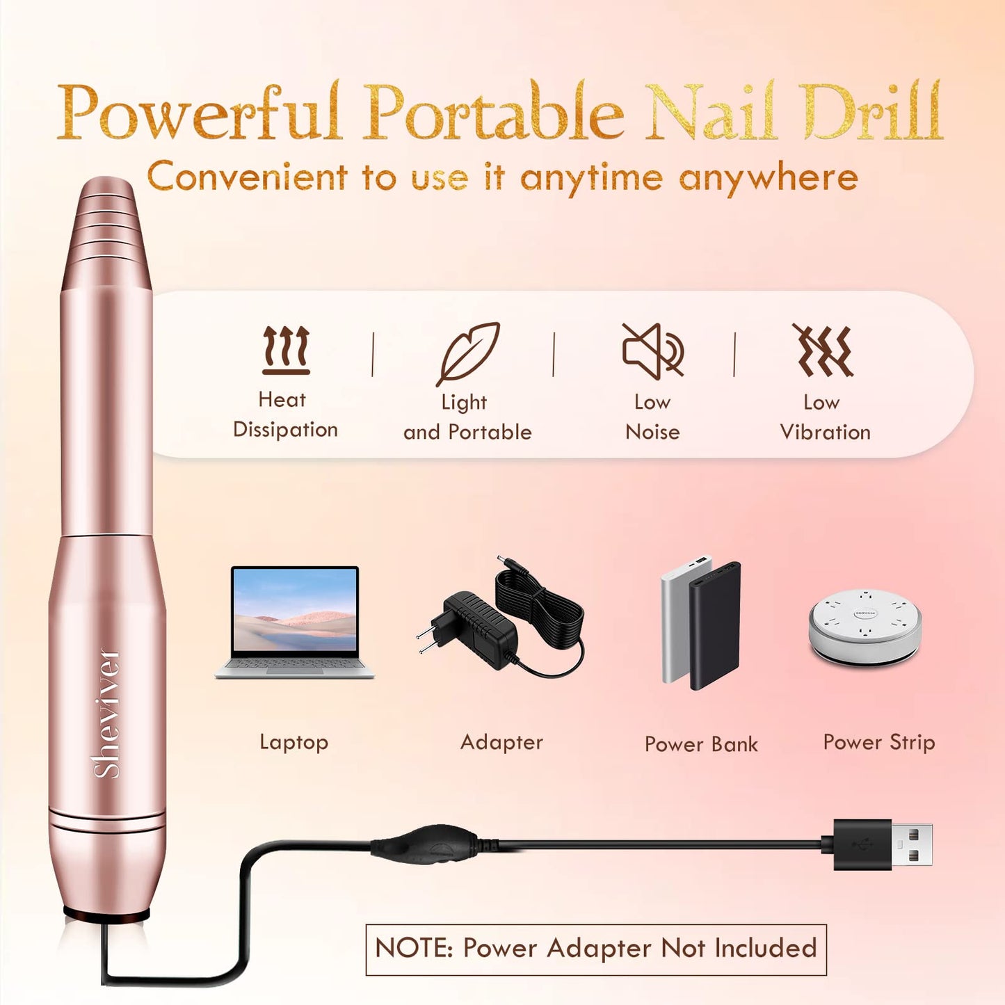 Sheviver Electric Nail Drill, Electric Nail File for Acrylic Gel Nails, Professional Nail Drill Machine Efile Manicure Pedicure Tools with Gold Nail Drill Bits for Home Salon Use