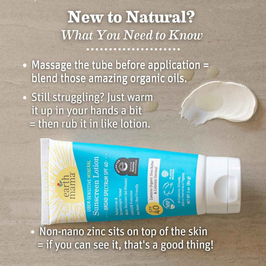 Earth Mama Uber-Sensitive Mineral Sunscreen Lotion SPF 40 | Non-Nano Zinc, Contains Organic Colloidal Oatmeal | Steroid-Free Eczema Cream for Baby, Kid & Family, 3-Ounce, 2-Pack