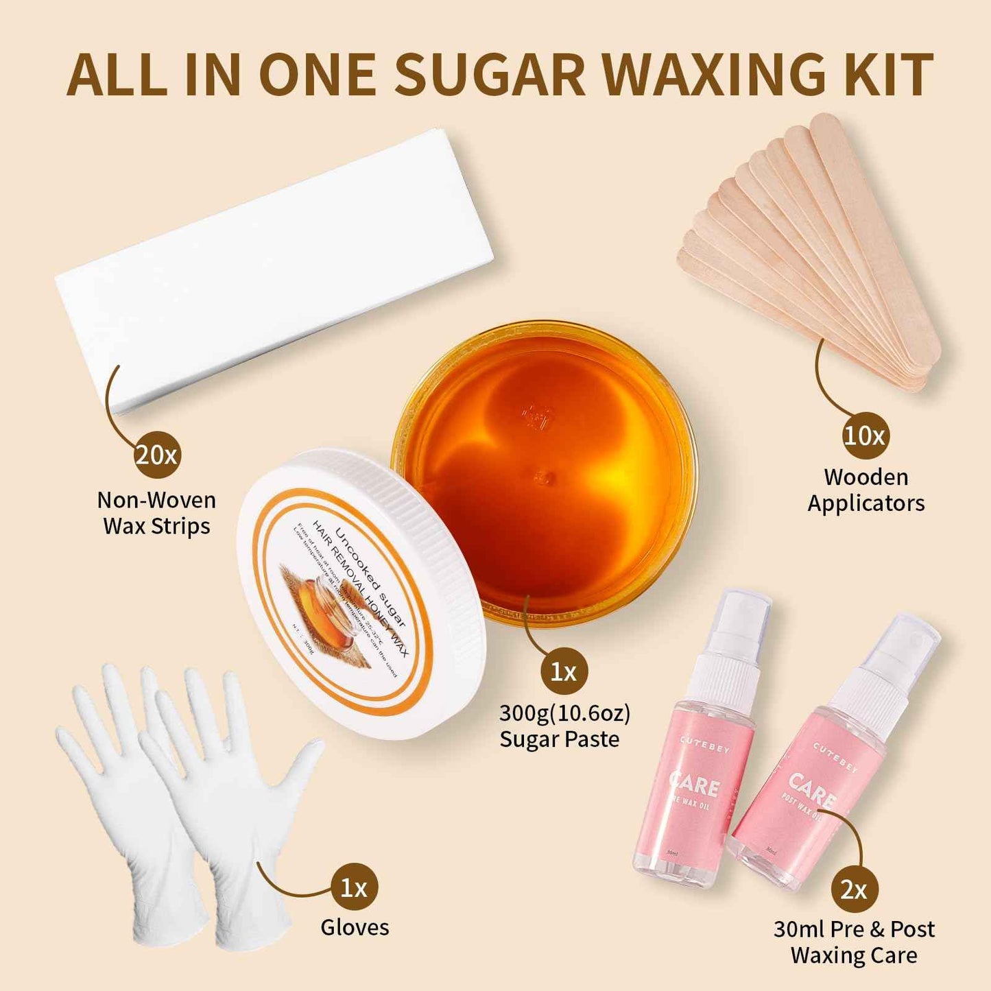 Sugar Wax Kit for Hair Removal: 10.6 Organic Sugaring Wax for Face Body Legs Bikini Back - with Large Strips and Sticks, Care Oils and Gloves