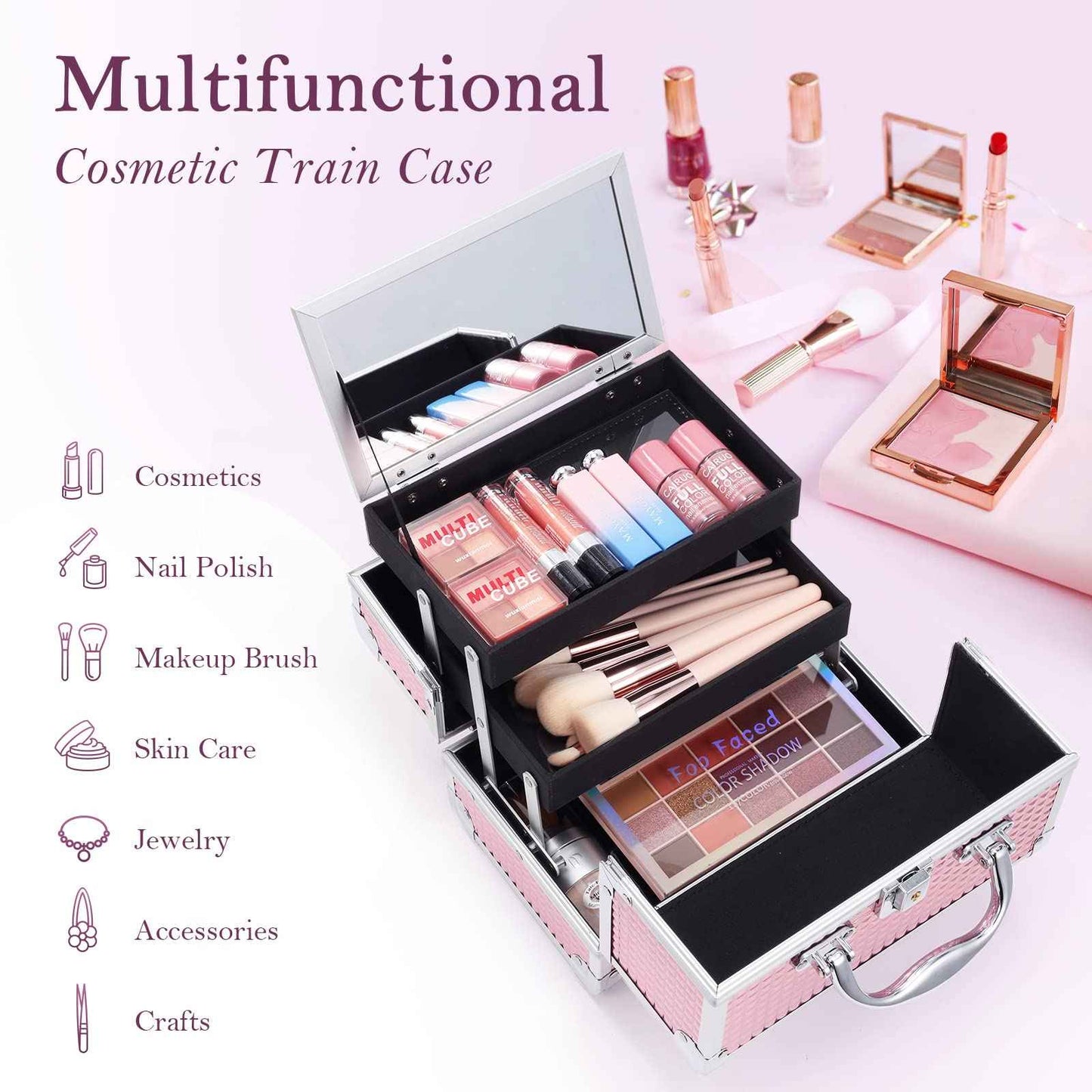 FRENESSA Makeup Train Case Makeup Box Organizer Portable Cosmetic Travel Case Makeup Case with Mirror Locking Make Up Cases Organizers and Storage for Nail Supplies Hard Cosmetic Box Shiny Pink