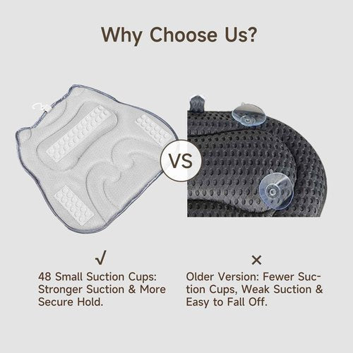 Bath Pillow with 48 Strong Suction Cups - 4D Air Mesh Bathtub Pillow for Neck, Head, Shoulder & Back Support - Extra Thick, Quick-Drying Spa Pillow with Built-in Hook(Grey)