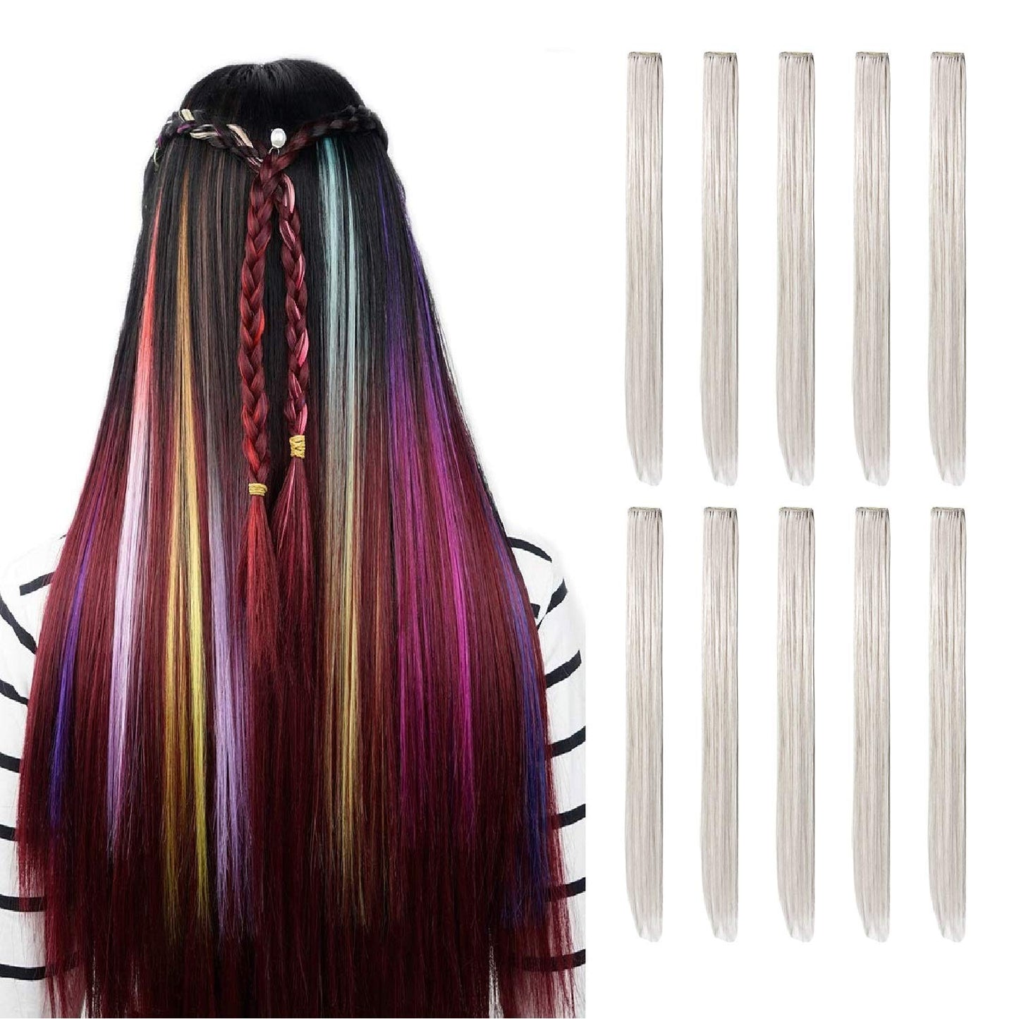 Drayas 10Pcs/set Colored Clip in Hair Extensions Colorful Straight Synthetic Hairpiece for women girls Multi-Colors 22 Inch Party Highlights Hair Extensions (White)