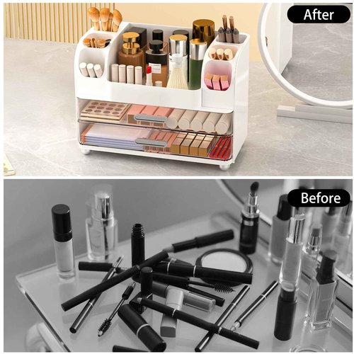 Ailleda Makeup Organizer Countertop with 2 Large Drawers, Vanity Organizer with Brush Holder, Skin Care Storage for Dresser, Perfume Organizer for Lotion, Lipsitck, Palette(White)