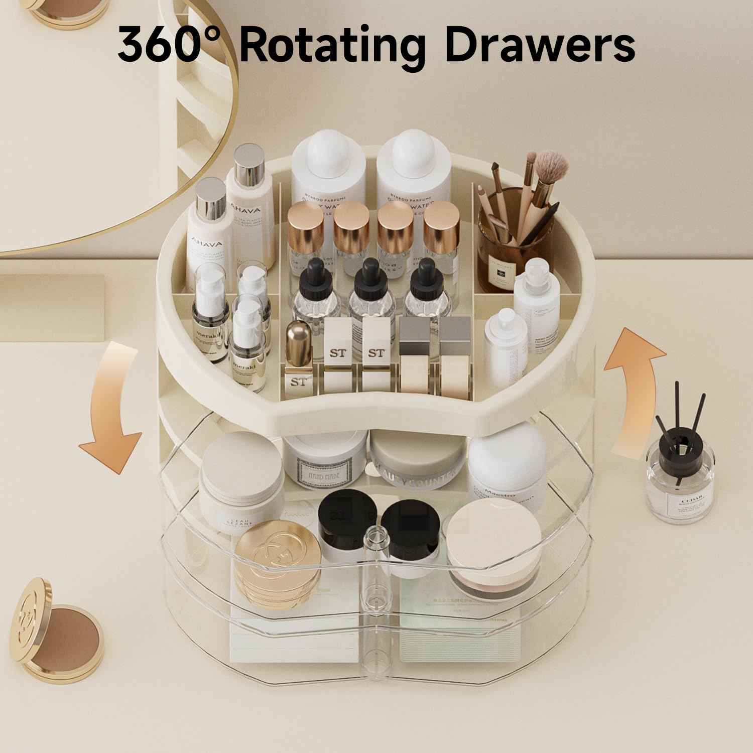 UFORU Makeup Organizer for Vanity, Countertop Organizer with 360° Rotating Drawer, Spacious Cosmetic Display Case for Beauty Essential, Skincare,Lipstick, 2 Drawers