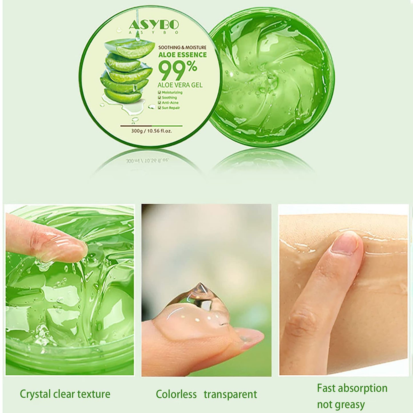 ASYBO 300x2 ML Natural Aloe Vera Gel -Organic Moisturizing Aloe Vera, Soothing and Hydrating, Sunburn and Scar Repair, After Sun Care for Face Body Hair