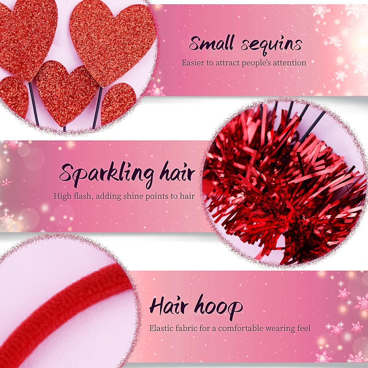 Sequins Heart Headband Valentine's Day Headband Glitter Heart Shape Hair Band Red Love Heart Head Boppers Hair Hoop Hair Accessories for Women Girls New Year Party Wedding Birthday Gift, 1 Pack